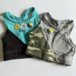 EUC Justice Sports Bras. Girl’s/Women’s Camo/Grey and Black/Teal.